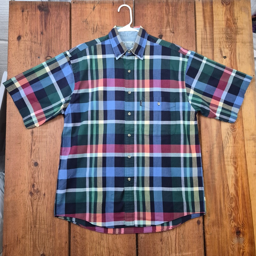 IZOD Mens Multi Color Plaid Short Sleeve Button Down Shirt Size M 100% Cotton